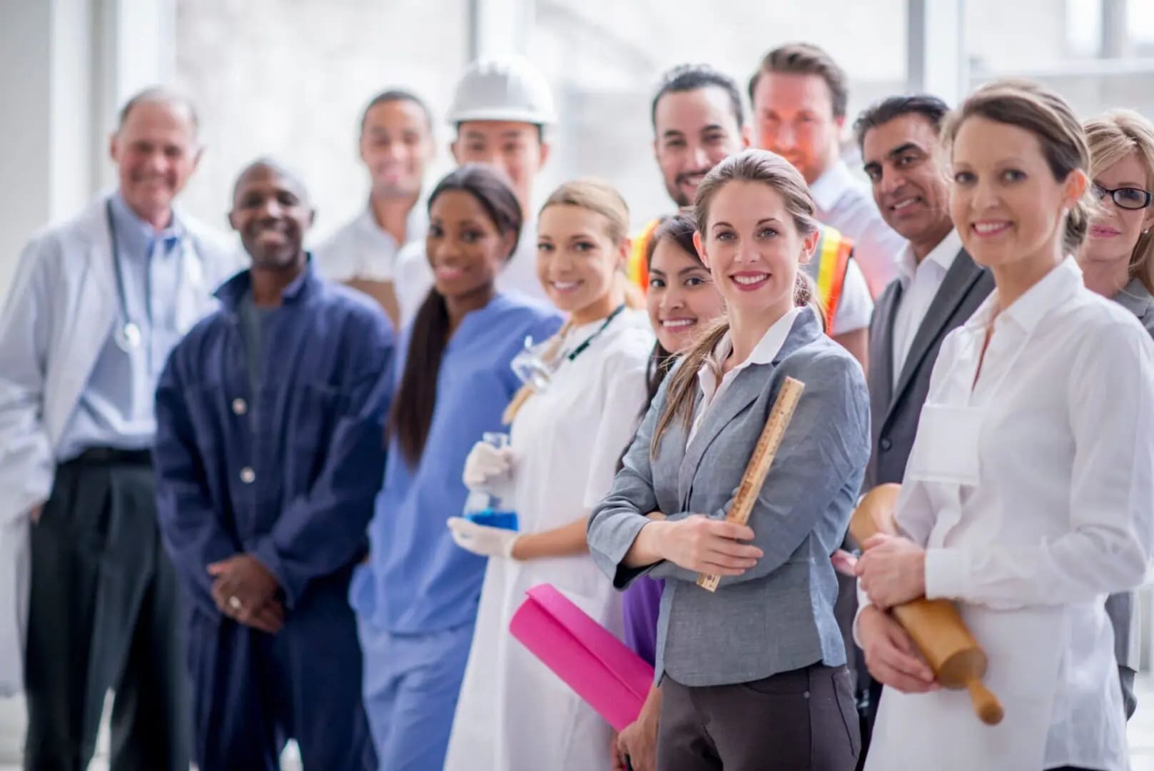 A group of people standing together in front of a window.